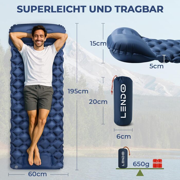 Надувний килимок для кемпінгу самонадувний Ultraleichte 195x60 см з вбудованою подушкою та помпою, водонепроникний, синій