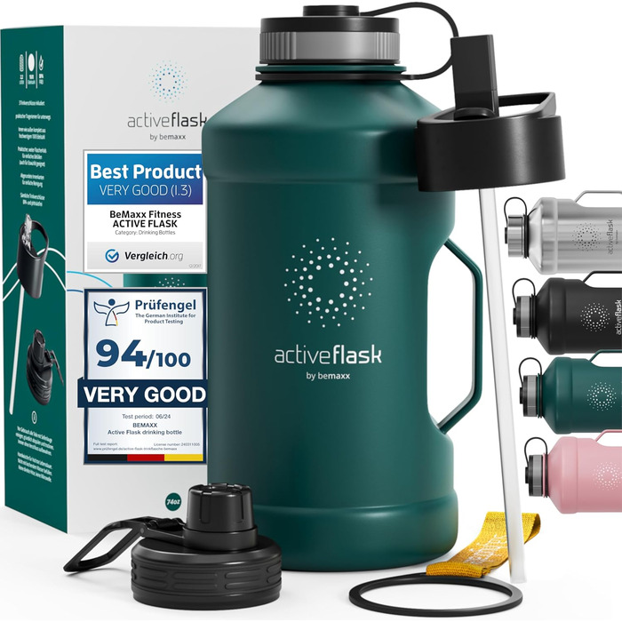 Спортивна пляшка з нержавіючої сталі ACTIVE FLASK 2,2 л з трубочкою, 3 кришки, BPA-free, герметична, для води і газованих напоїв, XL пляшка для спорту, фітнесу, туризму, темно-бірюзова