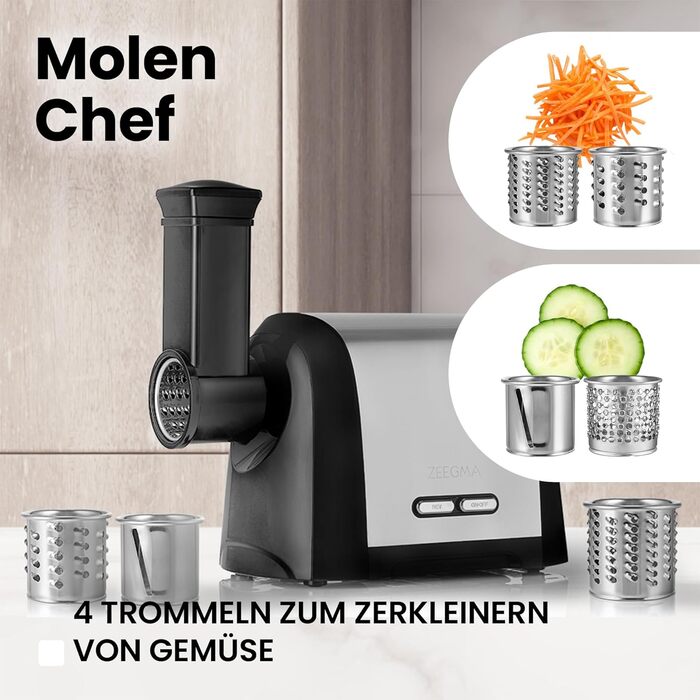 ZEEGMA Electric Meat Grinder - 1900W, Stainless Steel Plates, 3kg/min, Sausage Maker, Kubbe Maker, Chopping, Dicing, REV Function, Accessory Set - Silver