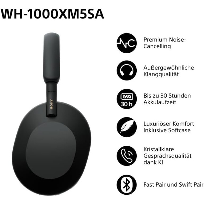 Навушники Sony WH-1000XM5 чорні: бездротові, з шумозаглушенням, Bluetooth, Hi-Res Audio, до 30 год роботи, для iOS та Android + жорсткий кейс