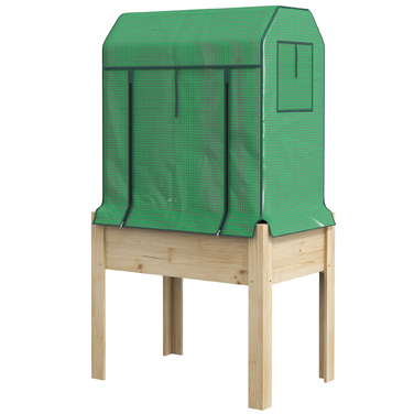 Outsunny Wooden Raised Garden Bed with Greenhouse 86x60x165cm, Elevated Cold Frame with Fleece for Herbs & Vegetables, Natural/Green