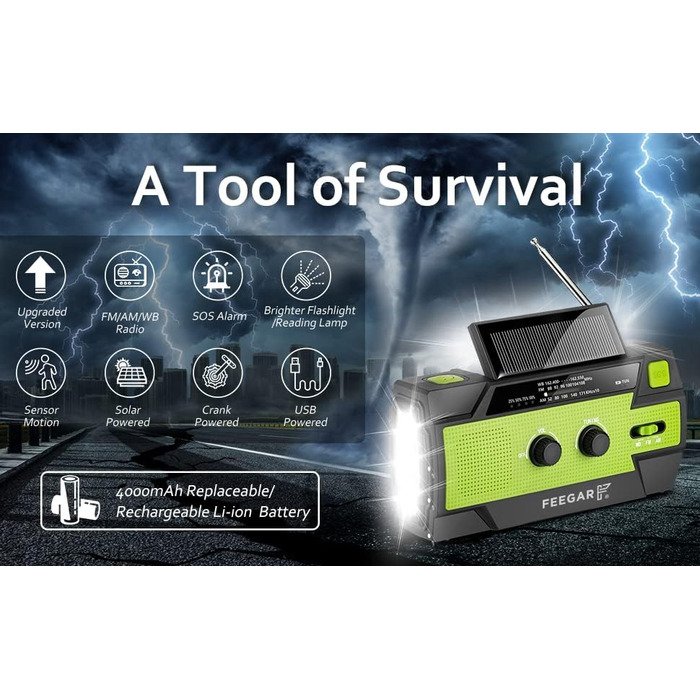 Радіо сонячне аварійне Feegar Oze 2 Pro з ручним заводом, AM/FM, ліхтарик LED, SOS, Powerbank 4000mAh