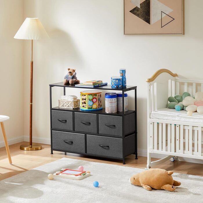 DUMOS Chest of Drawers with Drawers - Chests of Drawers & Sideboards for Bedrooms. Suitable, Chest of Drawers with 9 Drawers, Fabric Chest of Drawers with Sturdy Steel Frame, Ideal for Bedrooms, Living Rooms (Black) (5 TV Drawers Gray)