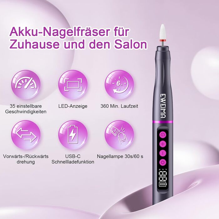Електричний фрезер для нігтів EWEIMA 13 в 1 бездротовий, 35000 об/хв, 35 швидкостей, 66 насадок для гель-манікюру, професійний нейл-дриль, 1000mAh, сірий