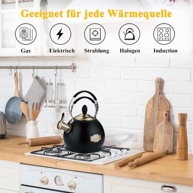 Півлітровий чайник-свисток з нержавіючої сталі з термостійкою ручкою, підходить для всіх типів плит, включаючи індукційну, чорний
