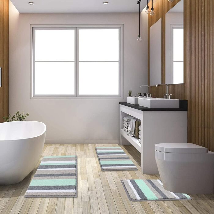 Pauwer Microfiber Bath Mat Set - 3 Piece Non-Slip Absorbent Bathroom Rugs for Shower, Bathtub & Toilet - Washable Bath Mat & Toilet Mat (Green)