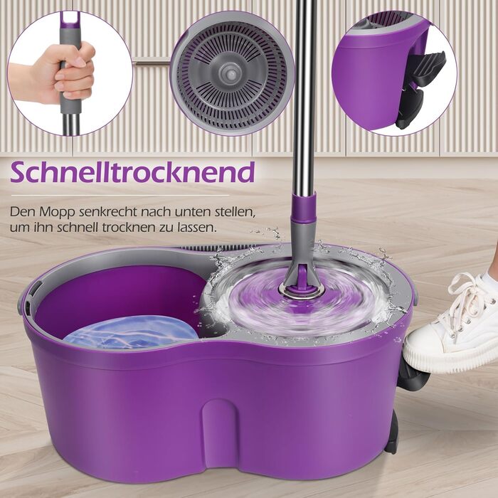 MASTERTOP Набір для миття підлоги з відром, моп з нержавіючою сталею та 3 мікрофібровими накладками, професійний набір для миття підлоги з відром та функцією віджиму - фіолетовий