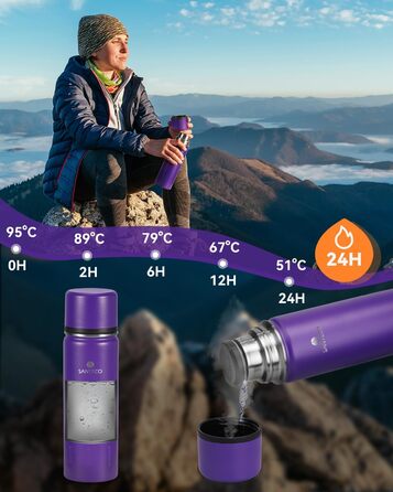 Термос-термокана з нержавіючої сталі SANTECO 1л, 500мл, не протікає, з кришкою-чашкою для подорожей. Термос для кави та чаю для дітей, спорту, без BPA, 24 години холод, 12 годин тепло (фіолетовий, 500 мл)