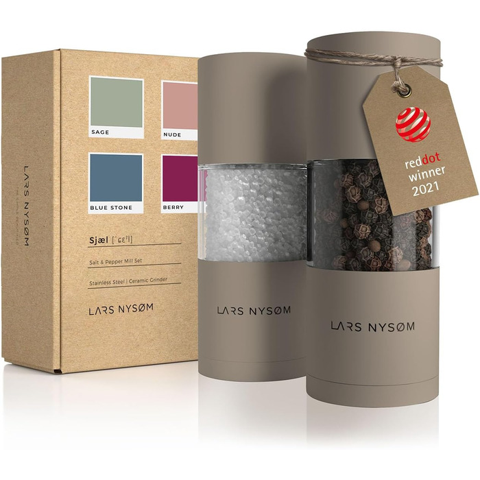 LARS NYSØM Salt and Pepper Grinder Set made of Stainless Steel with Adjustable Ceramic Grinder, 2 Pieces | Manual Spice Mills with High-Quality Design (2 pcs) (Taupe Brown)