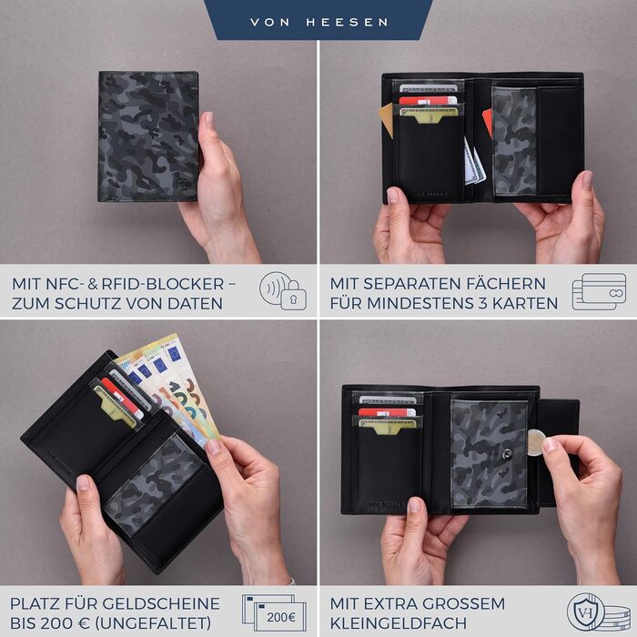 VON HEESEN Leather Wallet RFID Protection | Real Leather Wallet for Women & Men | Portemonnaie, Brieftasche, Wallet, Portmonee (Camouflage Grey)