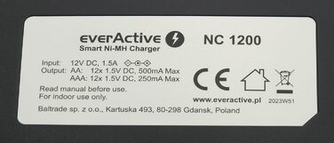 Зарядний пристрій everActive для 12 акумуляторів AAA/AA, швидка зарядка (4 години), LCD дисплей, режим оновлення, адаптер для автомобіля, модель NC-1200