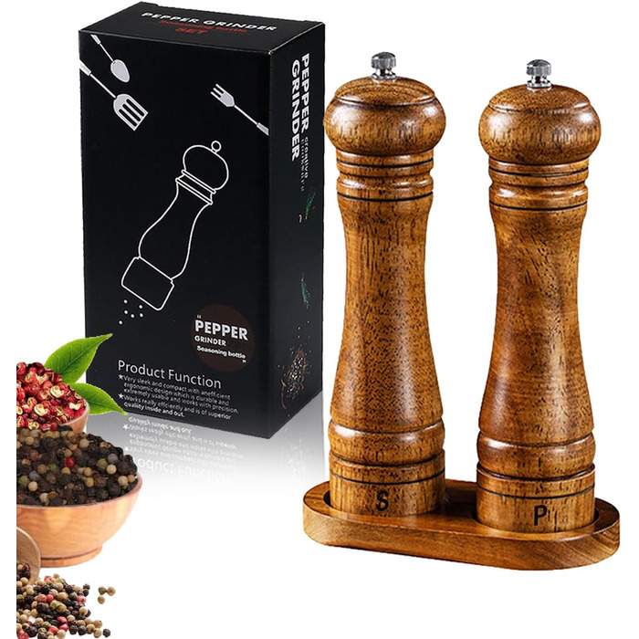 Двокомпозитна млинка для солі та перцю з дерева з підставкою, набір великих подрібнювачів спецій з регульованим керамічним механізмом для солі та перцю (21 см)