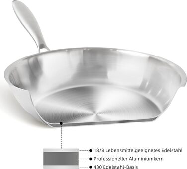 Пательня нержавіюча сталь 28 см, індукційна, довговічна, з ручками з нержавіючої сталі, легке очищення для всіх плит