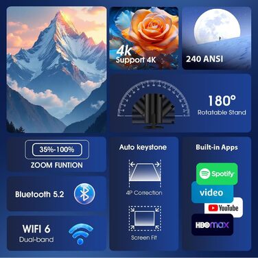 Проектор Mini Beamer 4K Full HD з Android TV, WiFi 6, Bluetooth 5.2, Auto Keystone, чорний