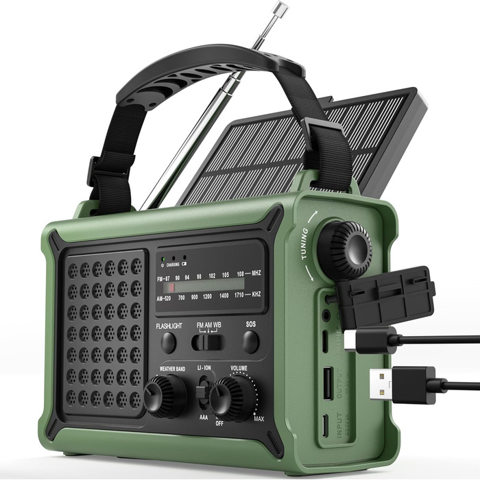 ROCAM Радіо з ручним генератором та сонячною панеллю, 12000mAh, AM/FM, LED ліхтарик, USB, SOS, для кемпінгу та надзвичайних ситуацій, зелене