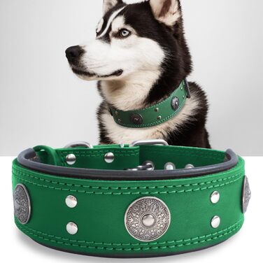 Leather Dog Collar, 5 cm Wide Robust Genuine Leather Collar, Handcrafted, Soft and Luxurious, Striking Best Choice for Large and Medium Dog Breeds (42-52 cm, green)