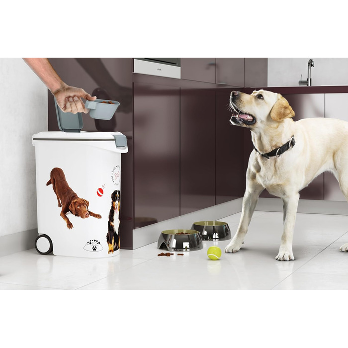 Curver 54L Airtight Dog Food Container with Wheels & Scoop - 20kg Capacity - White Pet Food Storage Bin for Dogs & Other Animals