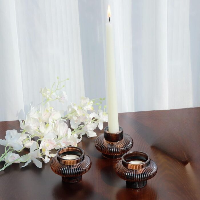VOHO Candle Holders, Ribbed Glass, Stylish Boho Candle Holders, Stackable and Reversible, for Candle Stands and Votive Candles, e Candle Holders, Table Decor, Set of 18 (Brown)