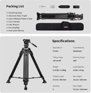 Штатив відео Cayer FA310H з моноподом K10 та рідкосильним кріпленням - швидкозатискачі ніг, швидке регулювання, вантажопідйомність 10 кг, алюміній, 2 швидкознімні пластини, ручка для переноски - для DSLR, бездзеркальних камер, відеокамер