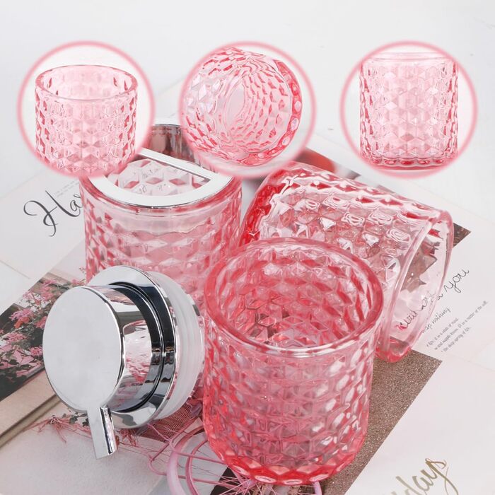 Pink bathroom accessory set made of glass, including a toothbrush holder, soap dispenser, and cup, a foaming soap dispenser, and a toothbrush holder, 3 pink bathroom cups for brush, toothpaste.