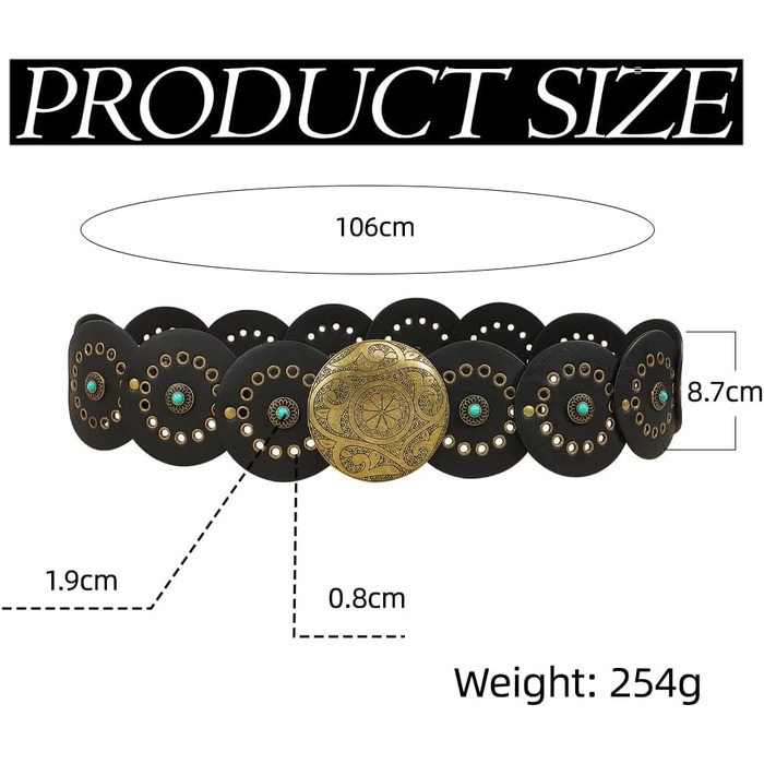 Жіночий ремінь TOFBS в стилі бохо, колір бірюзовий, металевий, широкий, регульований, для джинсів та суконь (Чорний)