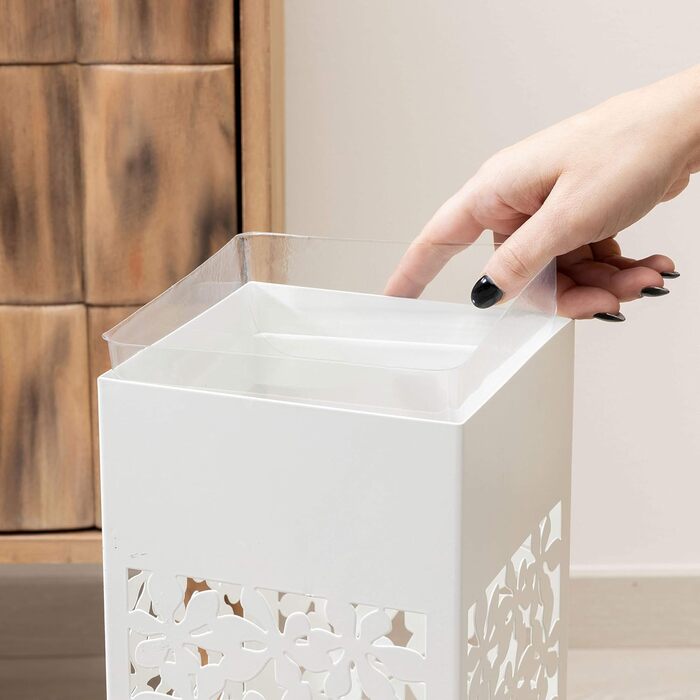 Металевий підставка для парасольки Baroni Home Quadratischer з різьбленням, 2 гачки, знімна миска, 15,5x15,5x49 см (Білий)