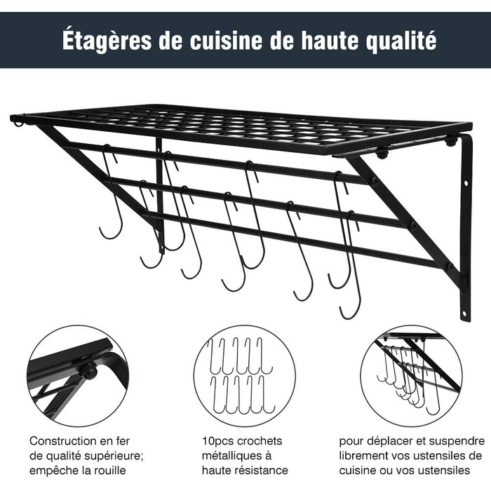 Ejoyous Kitchen Shelf Pan Shelf Kitchen Storage, Kitchen Wall Shelf Kitchen Wall Shelf Kitchen Holder Pan Holder with 10 S-shaped Hooks for Hallways Kitchen Bathrooms 60 x 25 x 25 cm