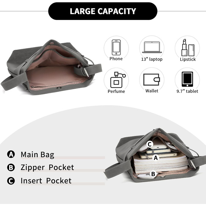 Сумка жіноча Miss Lulu велика шопер Tote Bag з м'якої PU шкіри середнього розміру, сіра (2-2)