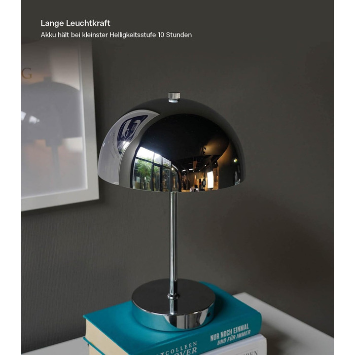 Mokebo® LED настільна лампа бездротова, акумуляторна, з регулюванням яскравості та USB-C, 'The Lighthouse', вінтажна лампа-горщик, грибний світильник та настільна лампа кольору тауп, метал, з батареєю, тепле біле світло, сріблястий колір