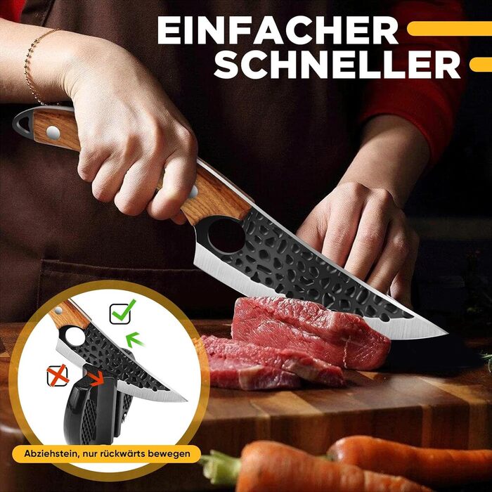 Ніж кухарський OOKUU, м'ясний тесак з точилкою та шкіряною піхвою, професійний ніж для обвалювання, гострі кухарські ножі в японському стилі, тесак для кухні на відкритому повітрі