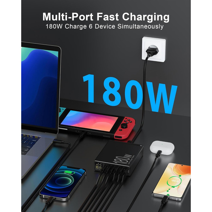 Зарядний пристрій USB 6 портів з LCD екраном, GaN швидка зарядка USB-C, сумісний з MacBook, iPad, iPhone 16/15/14/Pro/Max, Samsung Galaxy S23 (Чорний)