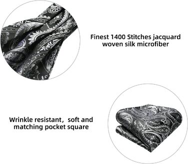 HISDERN Комплект краватка-снуд, краватка-аскот, хустинка для кишені чоловіча Paisley сіра/срібна для весілля та бізнесу