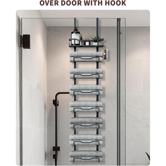 Настінний тримач для рушників у ванну кімнату, без свердління, 6-ярусна полиця для рушників над дверима, багаторівневий органайзер для рушників на двері, для складання (Чорний, 8 ярусів)