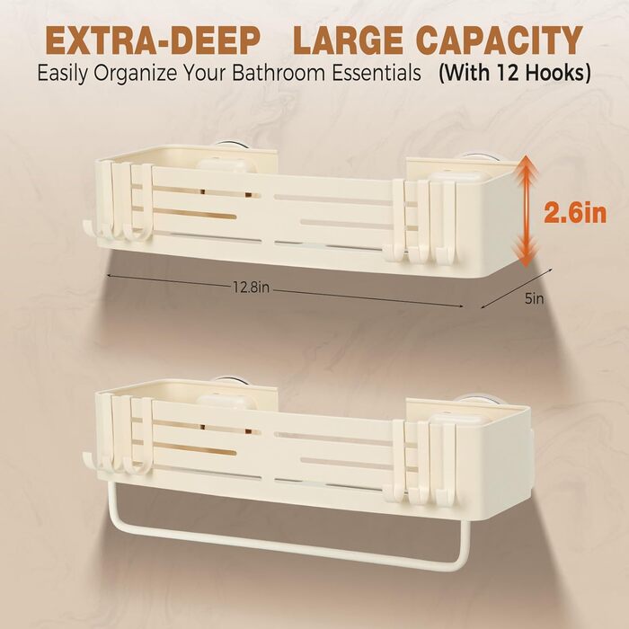 Сучасна душова полиця Lekesky, стійка до іржі, 2 шт, Gunmetal Grey, алюміній, на присосках, без свердління, з 12 гачками (кремовий - з тримачем для рушників, прямокутна)