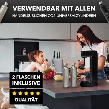 Пристрій для газування води Infinity з 2 флаконами з нержавіючої сталі по 1,25 л - економія до 25% CO2 завдяки автоматичній зупинці. Флакони придатні для миття в посудомийній машині та без терміну придатності. Газовий напій, пристрій для газування води (2