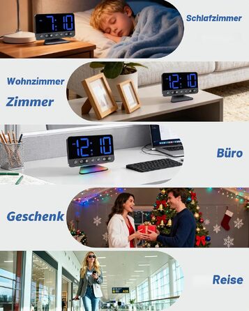 Цифровий будильник з LED-дисплеєм та RGB-підсвіткою, потужний сигнал 30-110 дБ для міцного сну, USB-порт, функція Snooze, настільний годинник (Синій)
