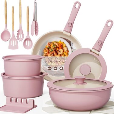 Набір посуду Astercook 21 предмет: каструлі та сковорідки з антипригарним покриттям, керамічний набір посуду, знімні ручки, для дому та кемпінгу, сумісний з індукцією, можна мити в духовці, стійкий, компактний