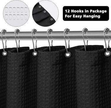 Штора для душу миюча текстильна поліестер 180x180 см чорна з кільцями (1 шт.)