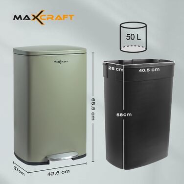 Сталевий відро для сміття з педальним механізмом, 50 літрів, з внутрішнім відром з пластику, м'яке закриття, зелений колір, для кухні, ванної кімнати або офісу