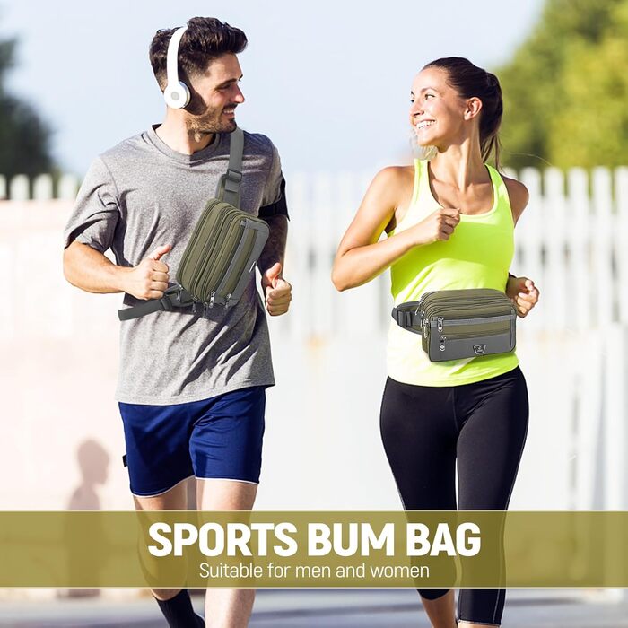 Поясна сумка на пояс для чоловіків та жінок з 7 кишенями на блискавці. Ідеальна для спорту, фітнесу, бігу, велоспорту, подорожей та кемпінгу. Зелений колір.