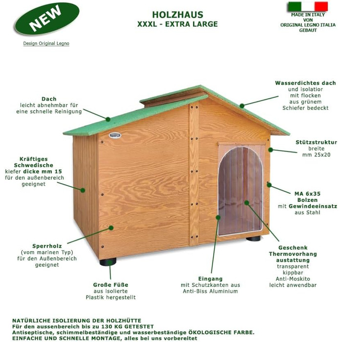 Будка для собак LEGNO з верандою, XXXL (Extra Large) - міцна дерев'яна будка з термозавісою, Made in Italy
