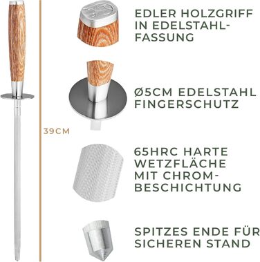 WALDWERK Premium Whetstone - Knife Sharpener made of hardened steel and with a noble wooden handle - 100% plastic-free whetstone for knives - high-quality knife sharpener - sharpen knives like a pro