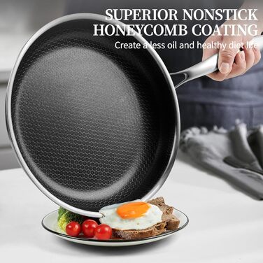 Сковорода з антипригарним покриттям 24 см з кришкою, нержавіюча сталь, безпечна для здоров'я, сумісна з усіма плитами, посуд без PFOA, срібна