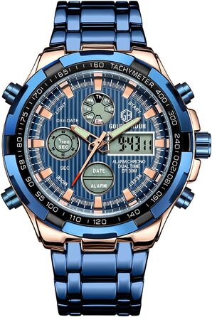 Чоловічий годинник з хронографом: сталевий, водонепроникний, з датою та будильником, аналогово-цифровий дисплей (рожеве золото/блакитний)