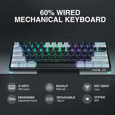Механічна ігрова клавіатура AULA 60% з RGB-підсвічуванням, Hot-Swap, Type-C, блакитні перемикачі (чорно-сірий)