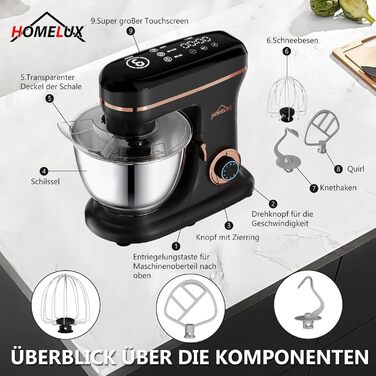 Кухонна машина HOMELUX 1800W з чашею 8 л з нержавіючої сталі, 6 швидкостей, LED-дисплей, насадки для замішування, збивання та взбивання, захист від бризок (чорний)