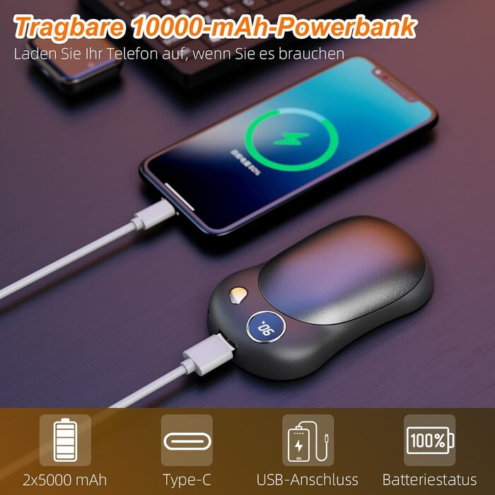 Електричні грілки для рук, 2 шт. 10000mAh з USB-C, цифровим дисплеєм, 3 режими нагріву, багаторазові для зими, подорожей та активного відпочинку