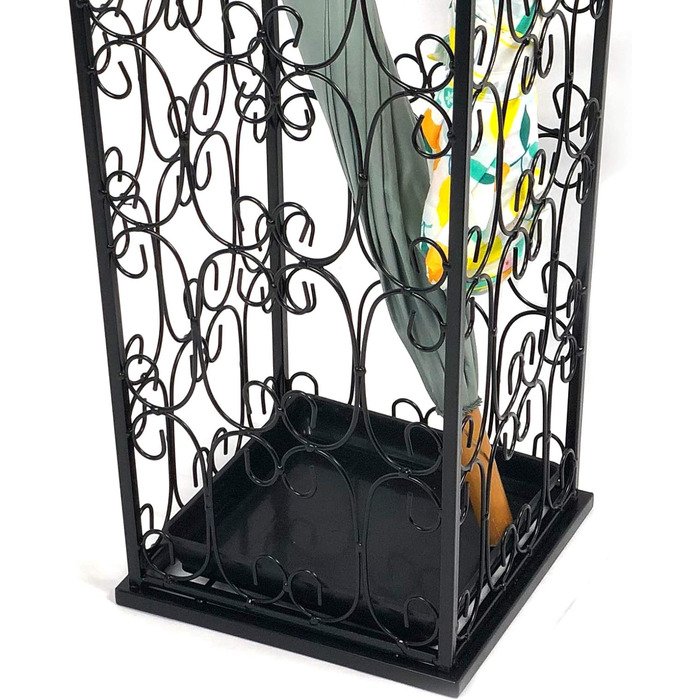 AcornFort Large Black Metal Umbrella Stand with 4 Hooks - Entryway, Office, Hallway Storage - Water Resistant Base (56x25x25cm)