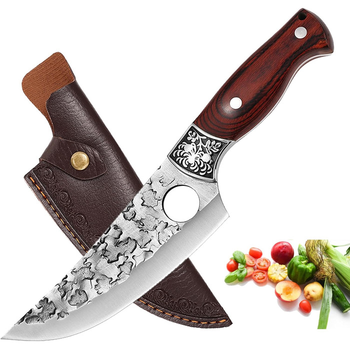 Японський ніж для обвалювання Doklasu 15 см з високоякісної сталі 5Cr15MoV з червоним дерев'яним руків'ям та піхвою