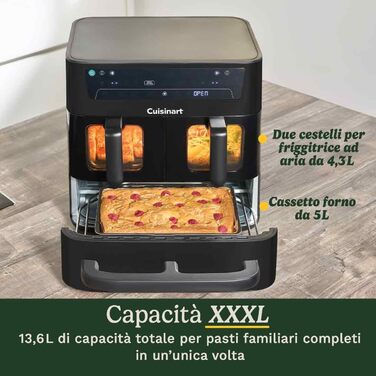 Фритюрниця Cuisinart XXL 10.4L з двома зонами нагріву | Без PFAS та хімікатів | Для смаження, гриля, випікання, дегідратації та підтримання тепла | 2 камери (2 x 5.2L) | 8+ порцій | Знімні деталі, придатні для миття в посудомийній машині (3 камери, чорний